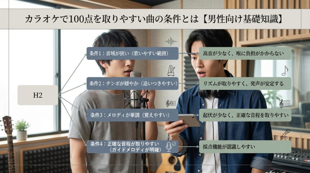 カラオケで100点を取りやすい曲の条件とは【男性向け基礎知識】