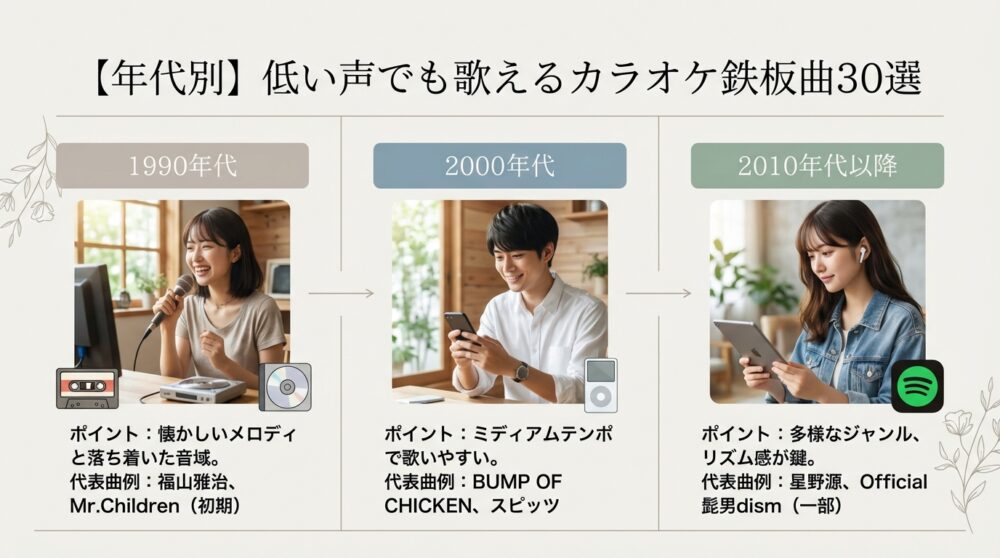 【年代別】低い声でも歌えるカラオケ鉄板曲30選