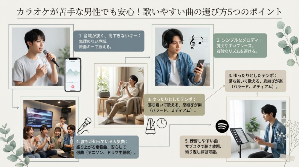 カラオケが苦手な男性でも安心！歌いやすい曲の選び方5つのポイント