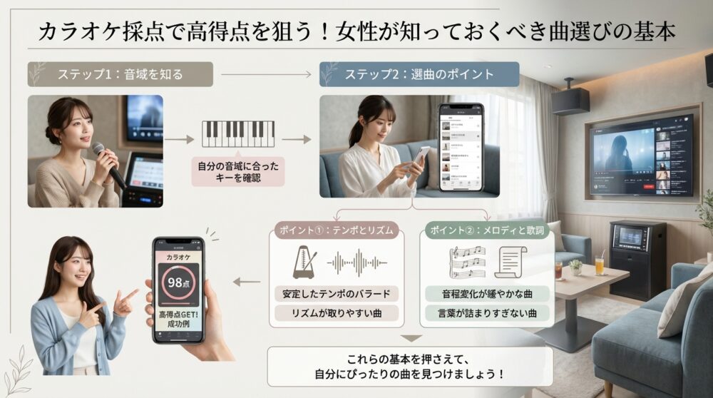 カラオケ採点で高得点を狙う!女性が知っておくべき曲選びの基本
