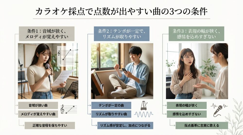 カラオケ採点で点数が出やすい曲の3つの条件
