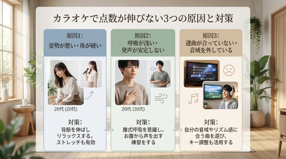 カラオケで点数が伸びない3つの原因と対策