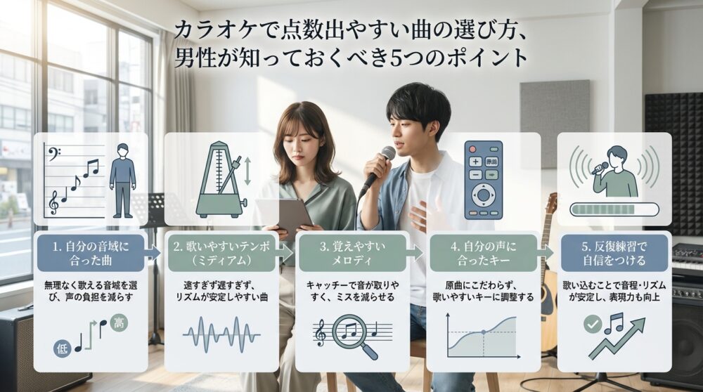 カラオケで点数出やすい曲の選び方、男性が知っておくべき5つのポイント
