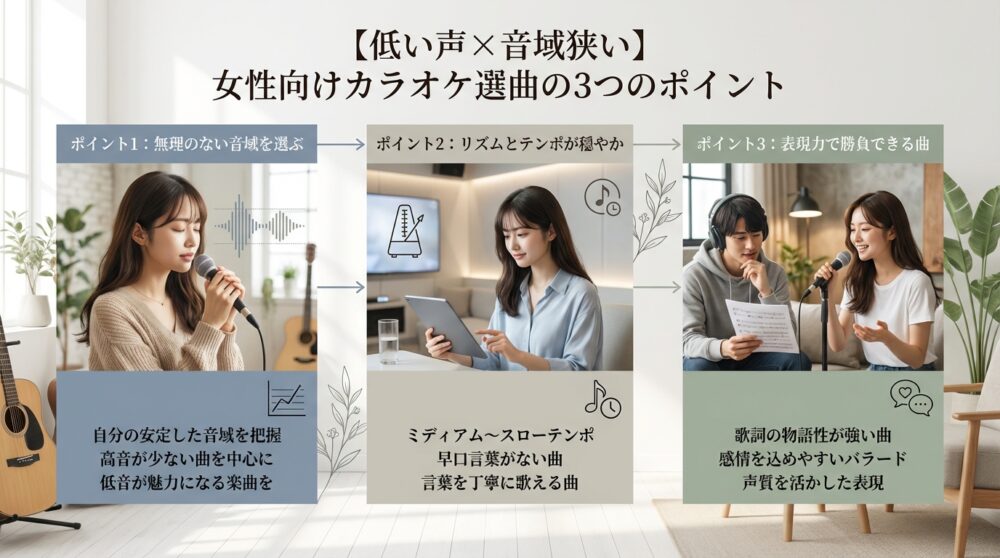 【低い声×音域狭い】女性向けカラオケ選曲の3つのポイント