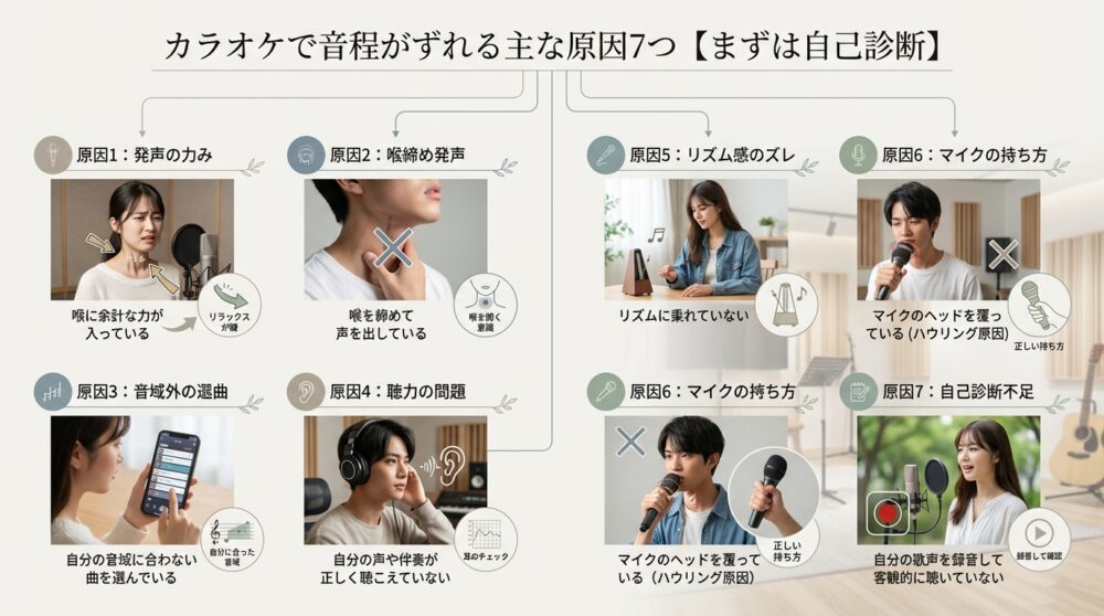 カラオケで音程がずれる主な原因7つ【まずは自己診断】