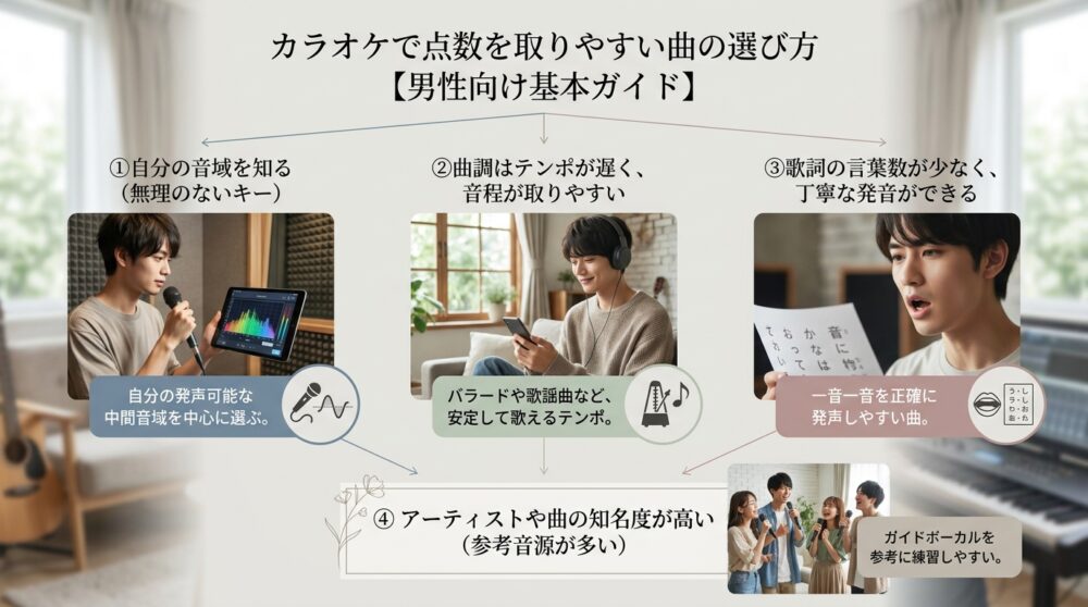 カラオケで点数を取りやすい曲の選び方【男性向け基本ガイド】