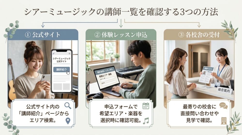 シアーミュージックの講師一覧を確認する3つの方法