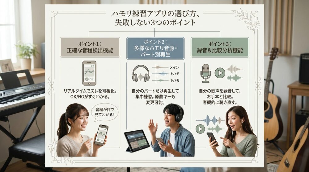 ハモリ練習アプリの選び方、失敗しない3つのポイント