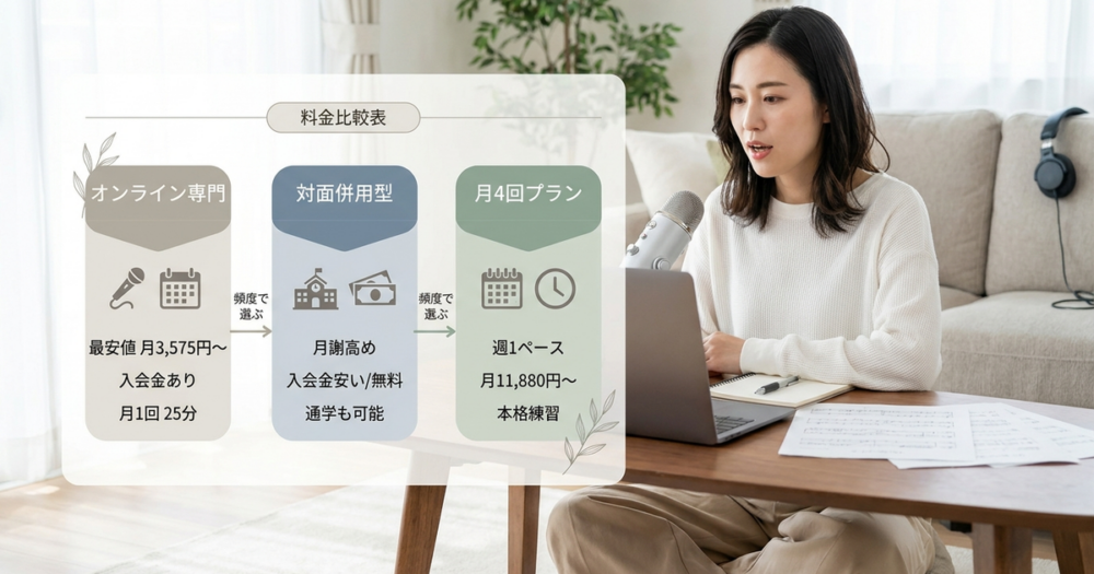 オンラインボイトレで安いサービス一覧、月額3,575円〜11,880円の料金帯別比較表