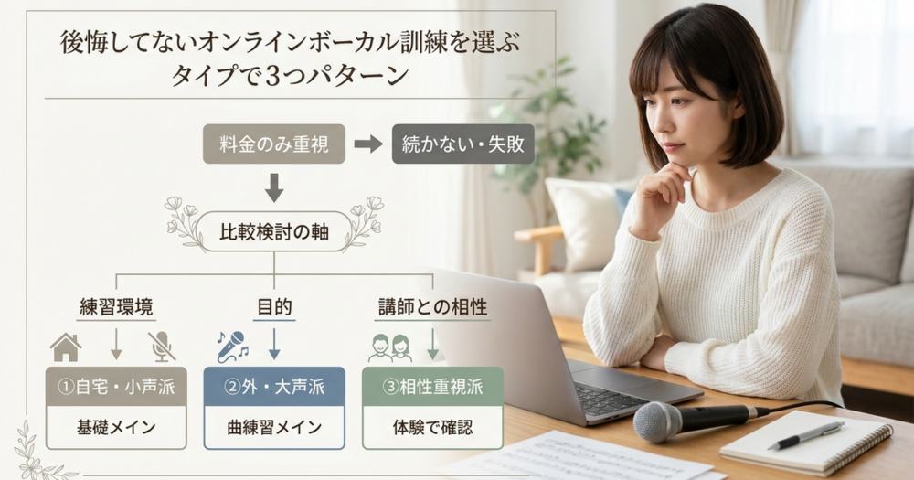 安いオンラインボイトレで損しないための選び方、タイプ別3パターン
