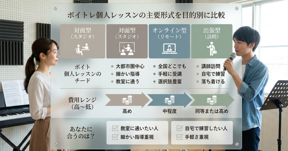 ボイトレ個人レッスンの主要形式を目的別に比較できる一覧表