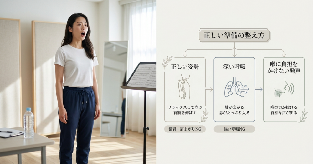 ボイトレの基礎となる発声練習の準備を、正しいやり方で整える