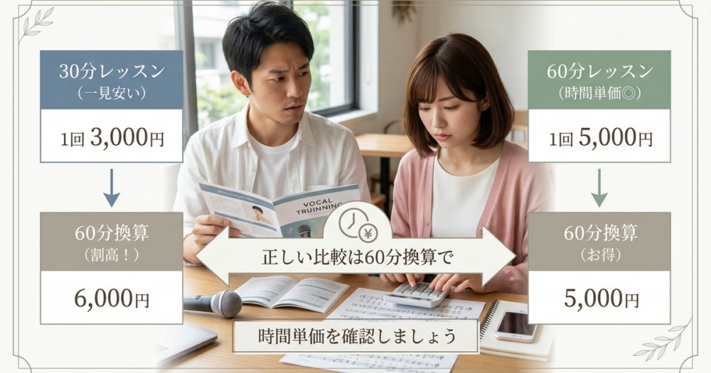 レッスン時間を60分換算で比較しないと安い教室が高くなる