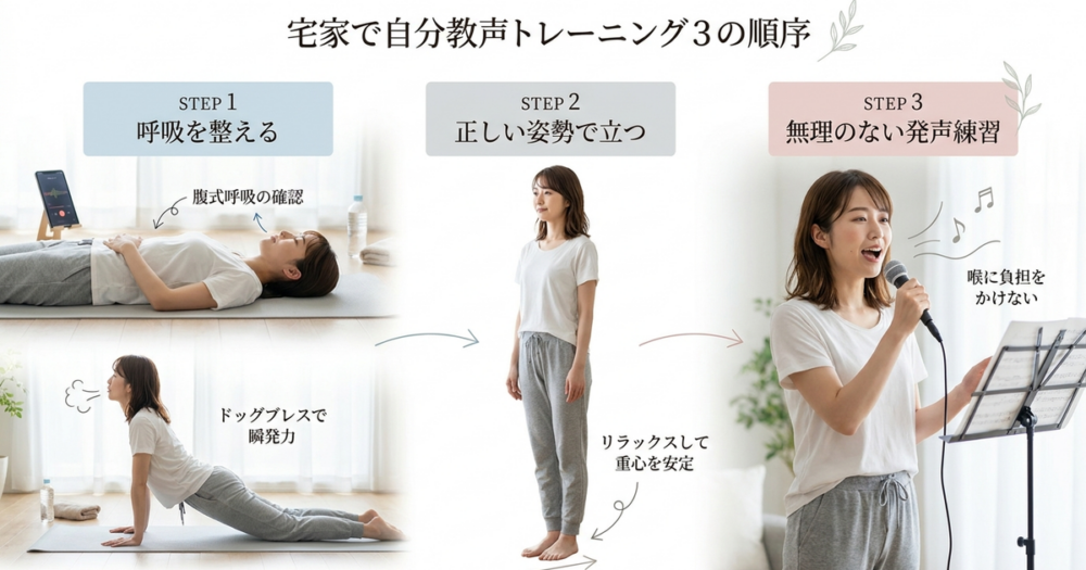 自宅で独学ボイトレを続けるなら、この順番で体を整えていく