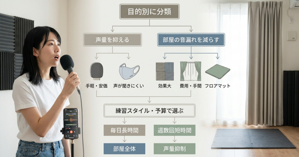 自宅でボイトレの防音対策に使える防音グッズを、目的別に分類して選ぶ