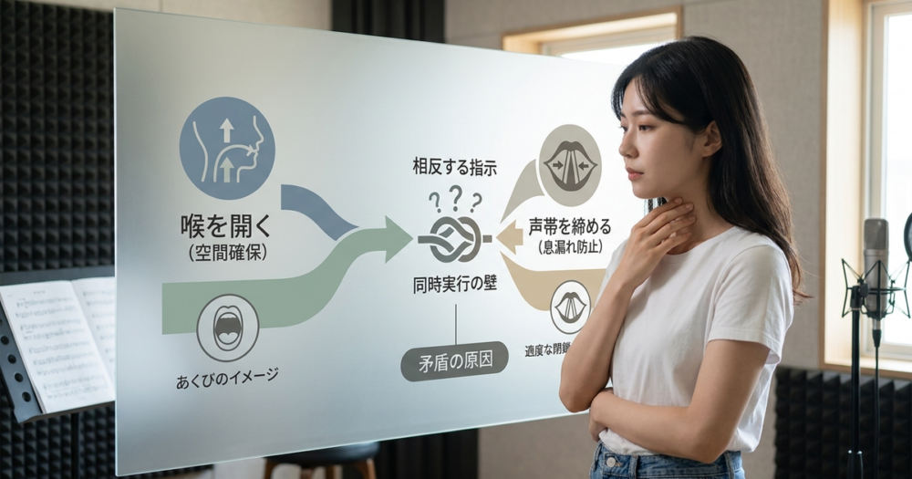 ミックスボイスの出し方ができない原因は、喉を開きながら声帯を締めるという矛盾にある