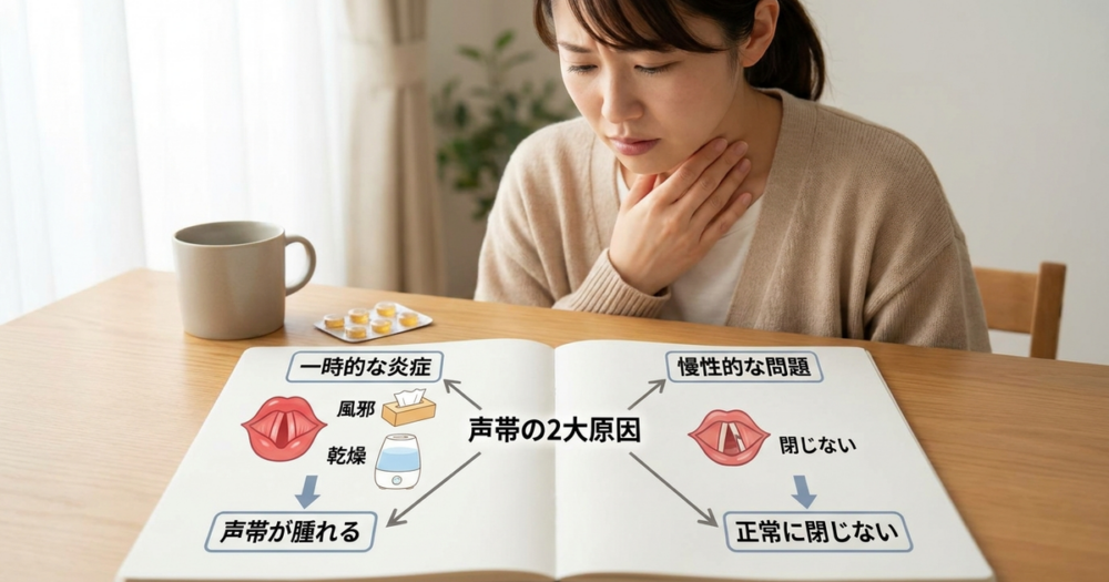 声がガラガラになる原因は、声帯の状態で大きく2つに分かれる