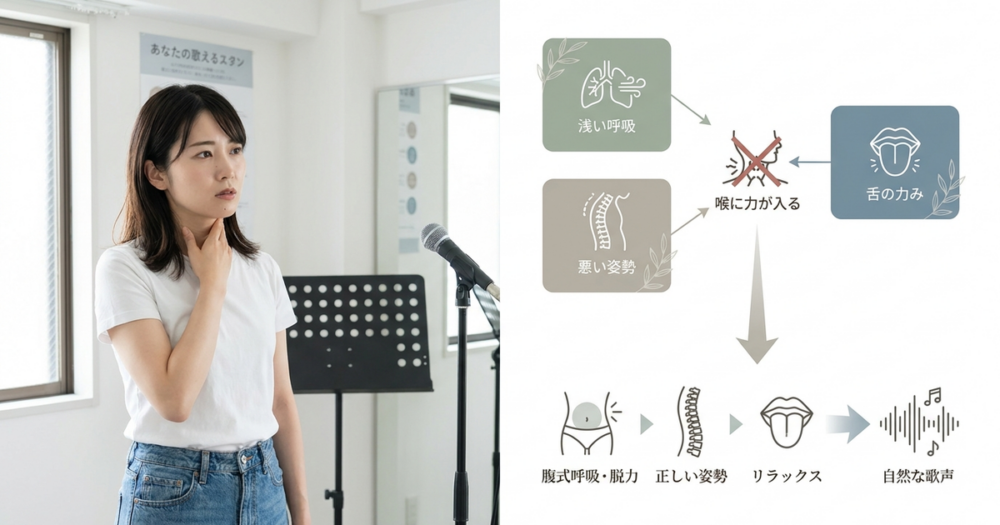 喉で歌ってしまう原因は、呼吸・姿勢・舌の3つに集約される