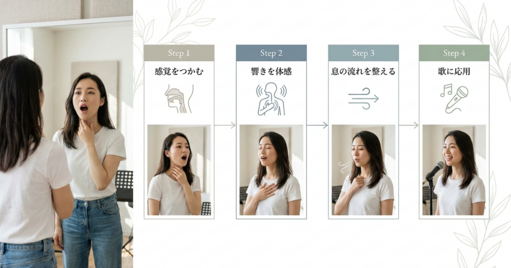 喉を開く方法を段階的に習得する4ステップの全体像
