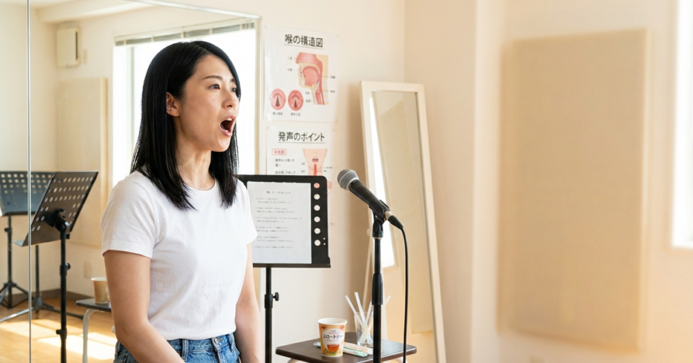 喉を開く方法と歌で響く声を出す練習法の解説イメージ