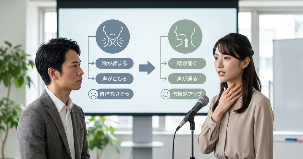 喉を開いて話す方法を知らないまま人前で話しているからこそ、第一印象で損をしている