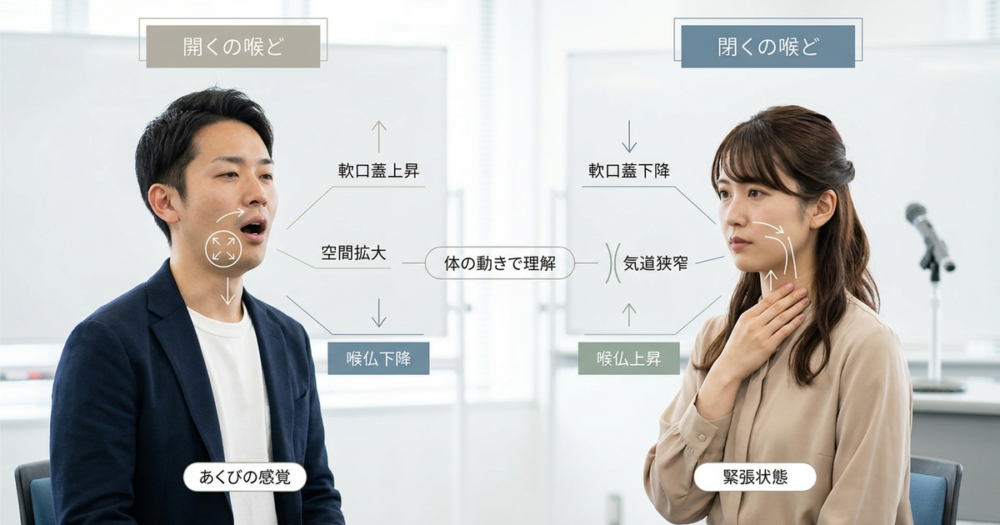 喉が開いている状態と閉じた状態の違いを、体の動きから理解しておく
