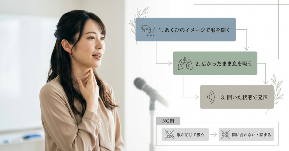 喉を開いて話す方法をやってみると、通る声を作るコツが体で理解できてくる