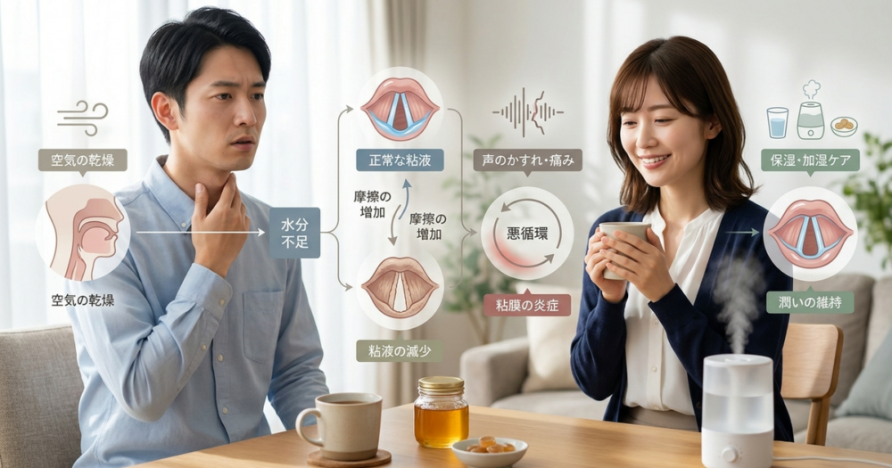 喉が乾燥するメカニズムと声への影響を知っておく