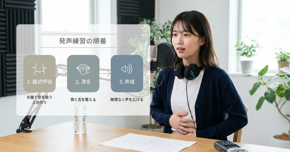 発声練習は「腹式呼吸→滑舌→声域」の順で積み上げていく