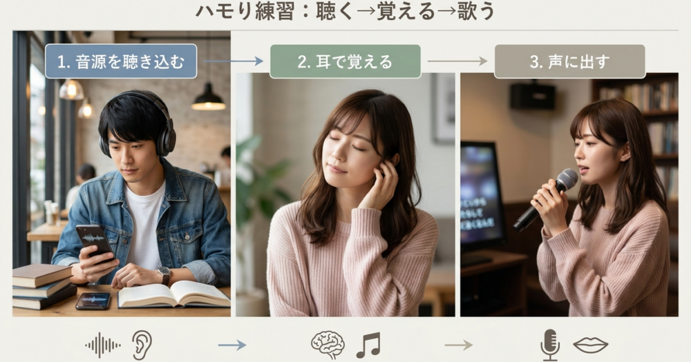 初心者が合わせやすいハモり方の練習法は、音源を聴き込んでから声に出す順番が正しい