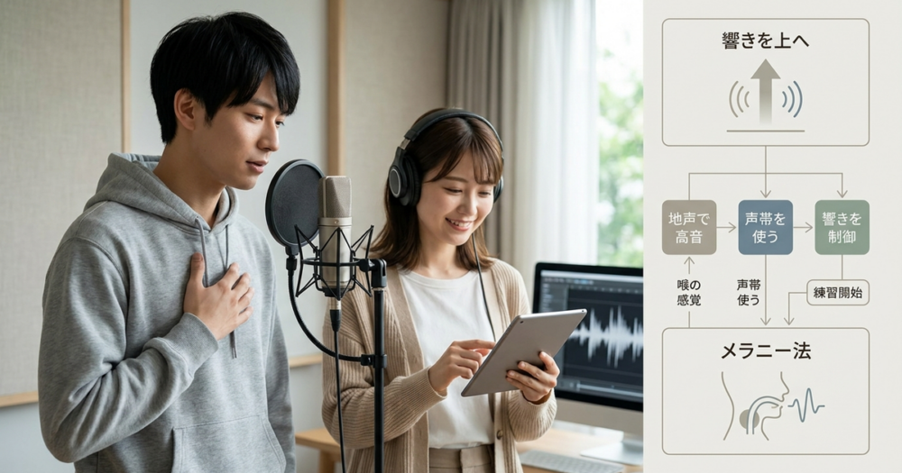 男性が女声を出すには、響きを上へ集める練習から始める