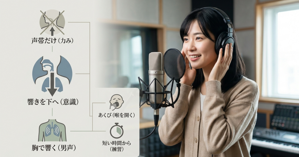 女性が男声を出すには、響きを下へ落とす意識を持つ