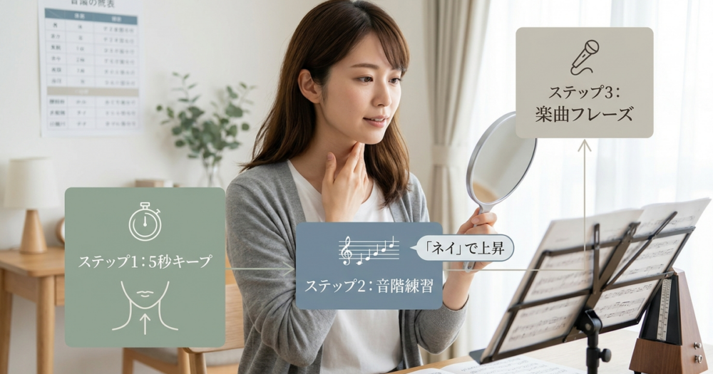 喉仏を上げる発声をキープする練習方法【3ステップで実践できる】