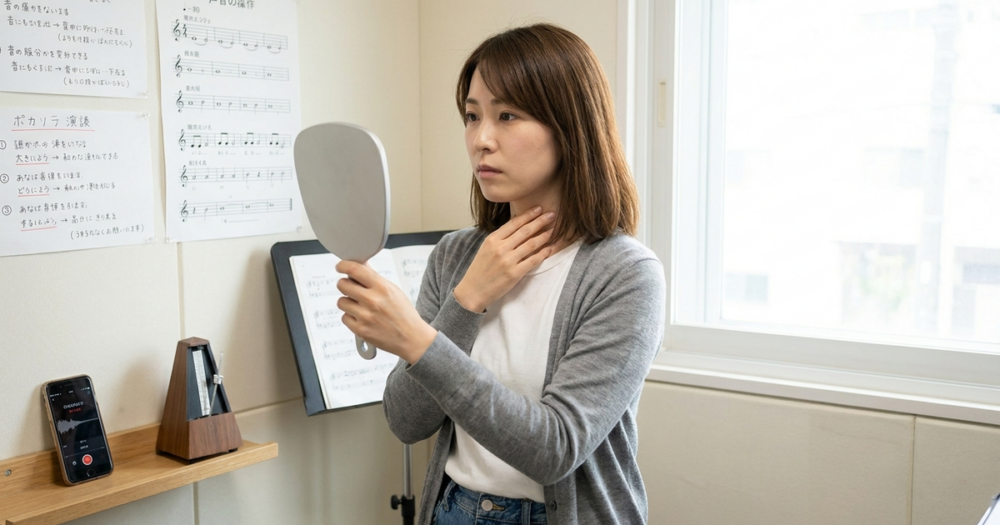 喉仏を上げる発声とキープする練習方法の解説イメージ