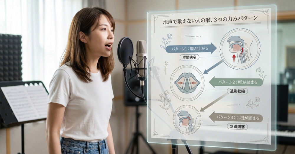 地声で歌えない人の喉に起きている、3つの力みのパターン