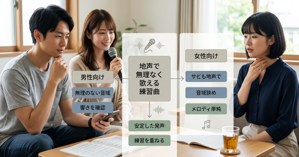 地声で無理なく歌える練習曲、男女別に確認しておく