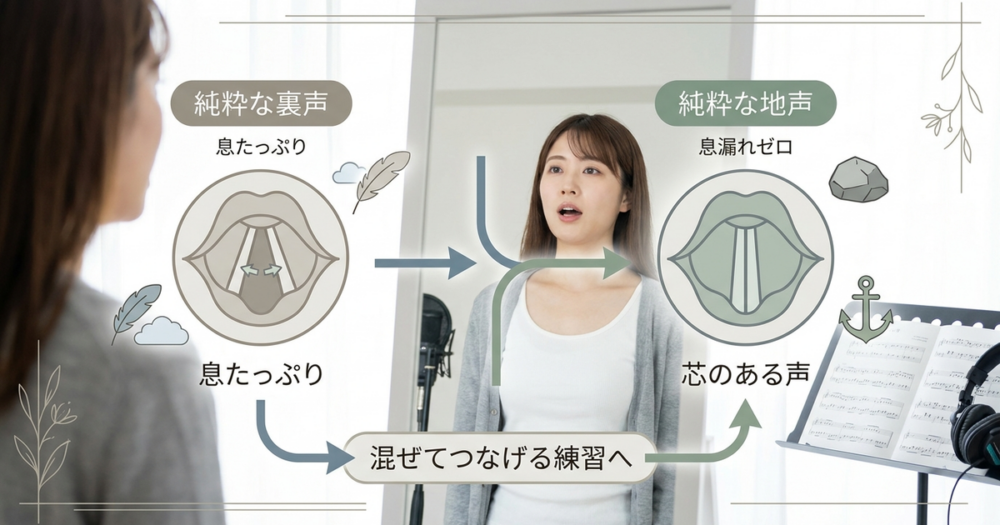 地声と裏声の差を埋める前に、純粋な裏声と純粋な地声を出せるようになる