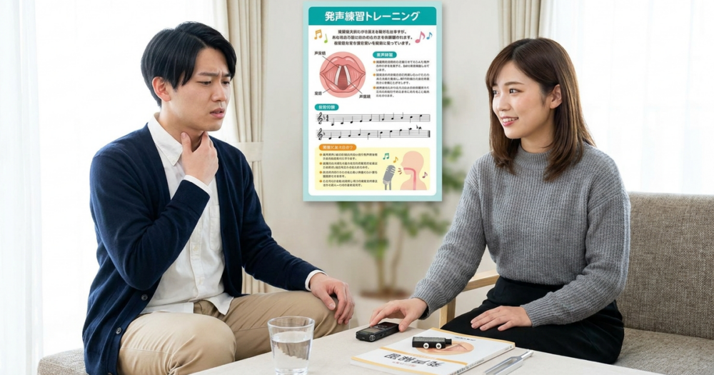 地声が高い人の特徴と低めの声を出す練習方法の解説イメージ