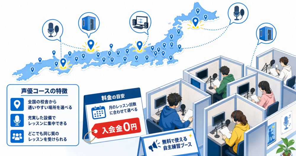 3位：ナユタス、全国72校舎で声優コースが受講可能