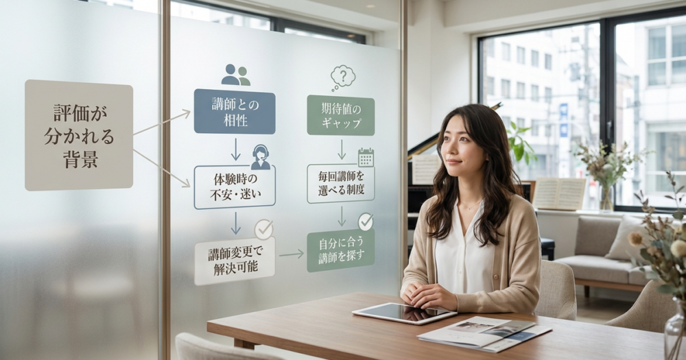 評価が分かれる背景には「講師との相性」と「期待値のギャップ」がある