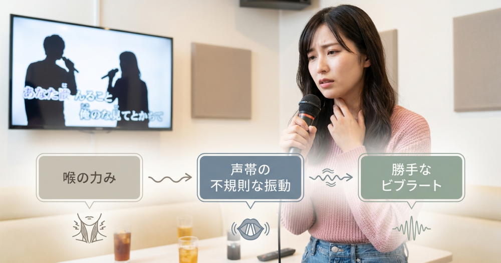 カラオケで勝手にビブラートがかかるのは、喉の力みが声帯を不規則に震わせているから